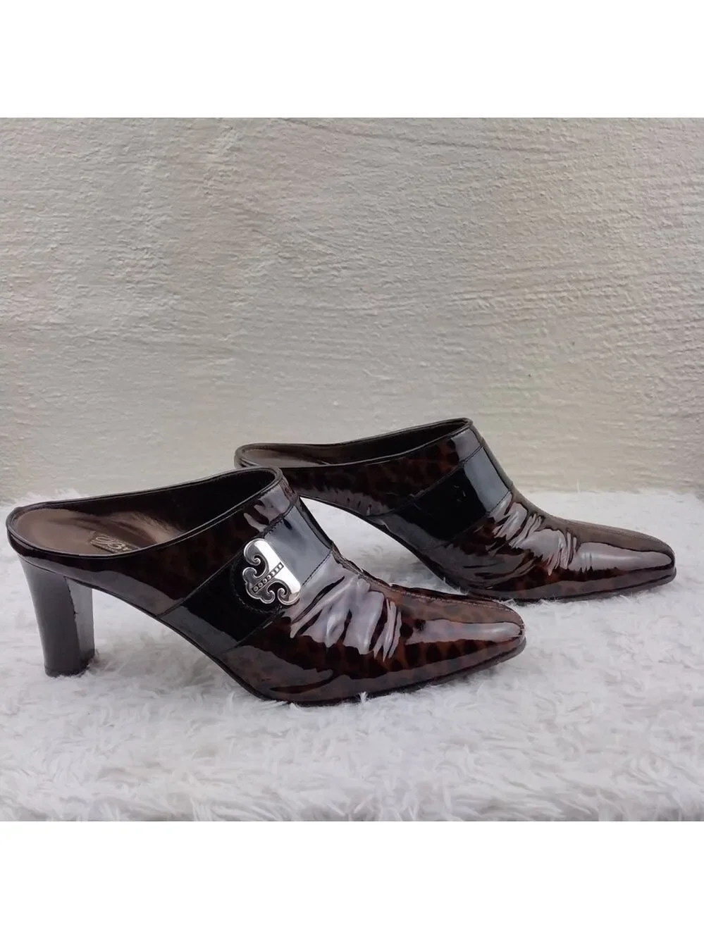 Brighton Runway Black Brown Cheetah Print Patent Leather High Heel Mule Shoe